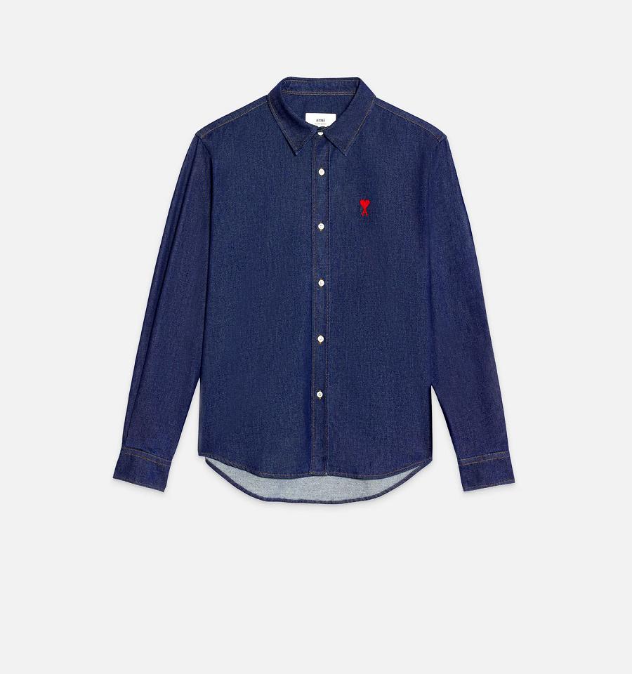 Ami Paris Ami De Coeur Denim Shirts Navy | ami_US426