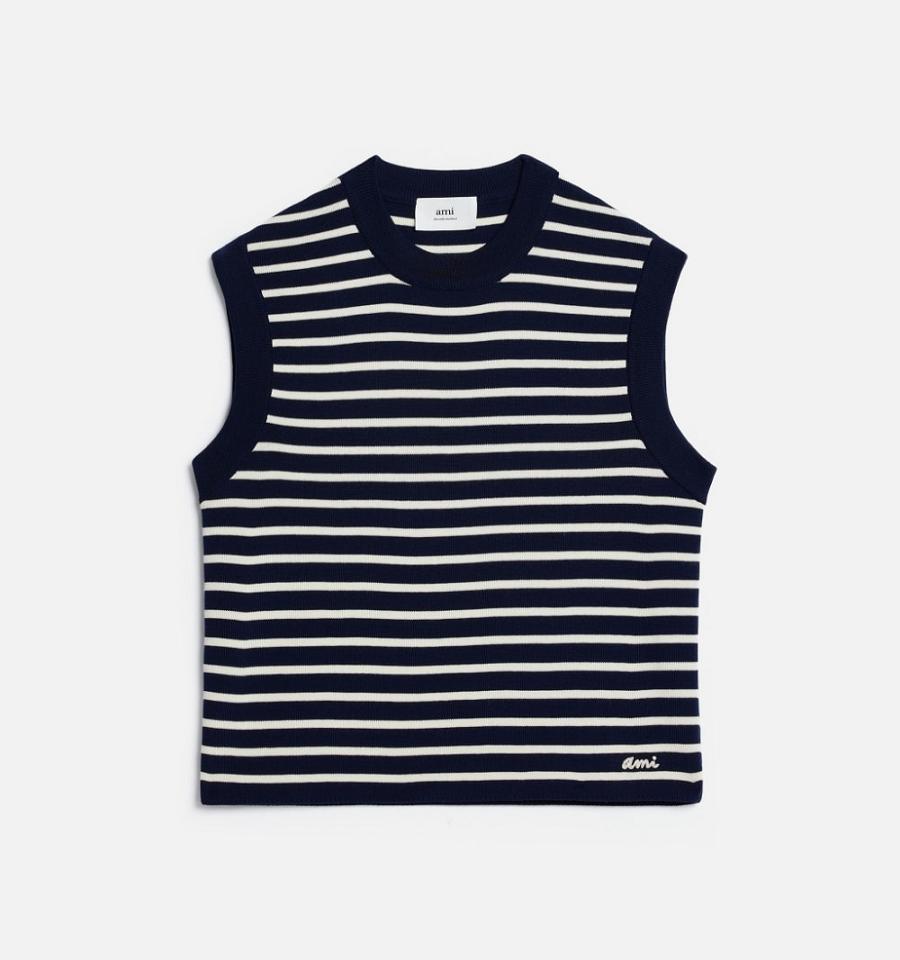 Ami Paris Ami Embroidery Sleeveless Sailor Sweaters Navy | ami_US398