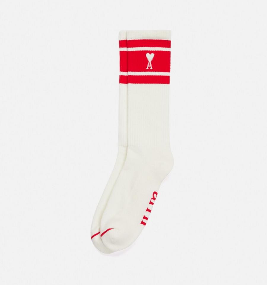 Ami Paris Ami de Coeur Striped Socks White / Red | ami_US134