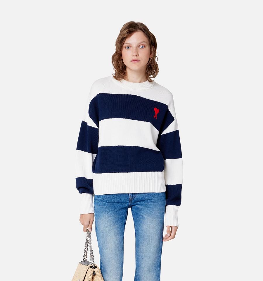 Ami Paris Ami de Coeur With Rugby Stripes Sweaters Navy / White | ami_US296