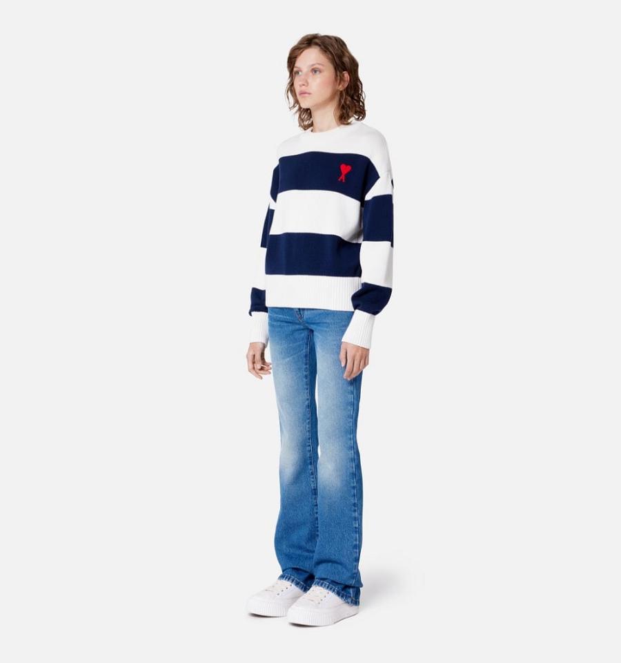 Ami Paris Ami de Coeur With Rugby Stripes Sweaters Navy / White | ami_US296