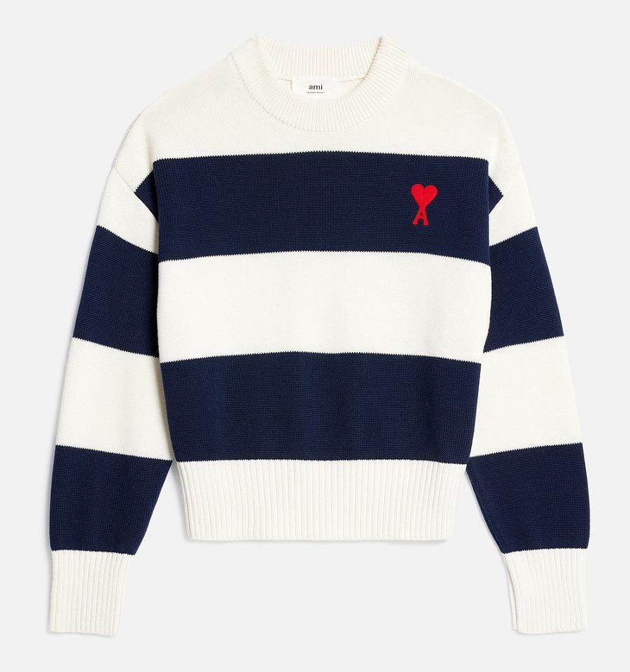 Ami Paris Ami de Coeur With Rugby Stripes Sweaters Navy / White | ami_US296