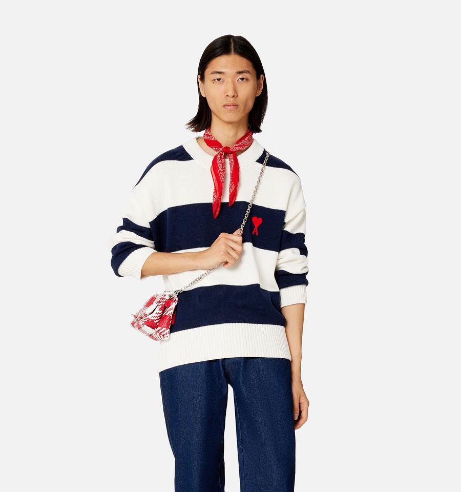 Ami Paris Ami de Coeur With Rugby Stripes Sweaters White / Navy | ami_US600