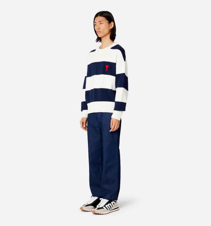 Ami Paris Ami de Coeur With Rugby Stripes Sweaters White / Navy | ami_US600