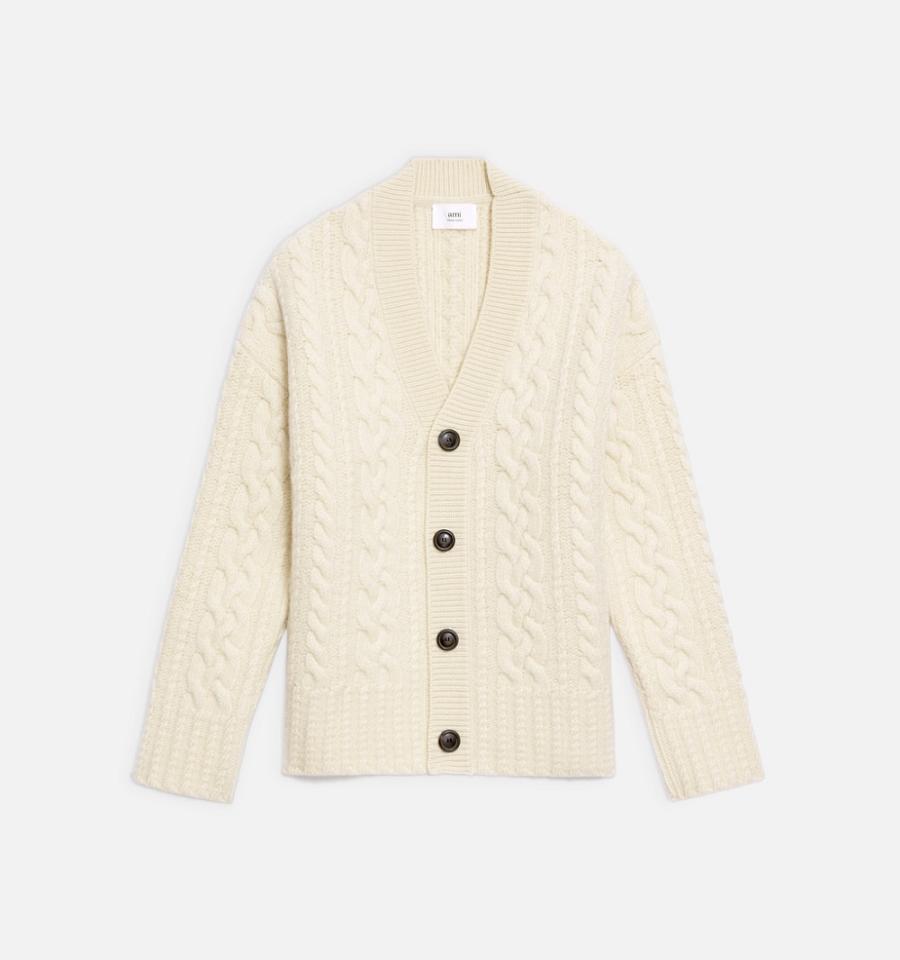 Ami Paris Cable Knitted Cardigans Beige | ami_US204