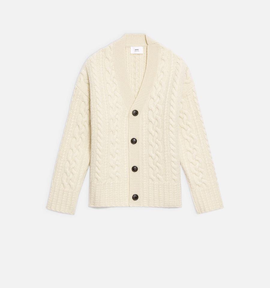 Ami Paris Cable Knitted Cardigans Beige | ami_US255