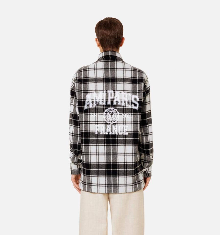 Ami Paris Checked Overshirt With Print Jackets Grey | ami_US248