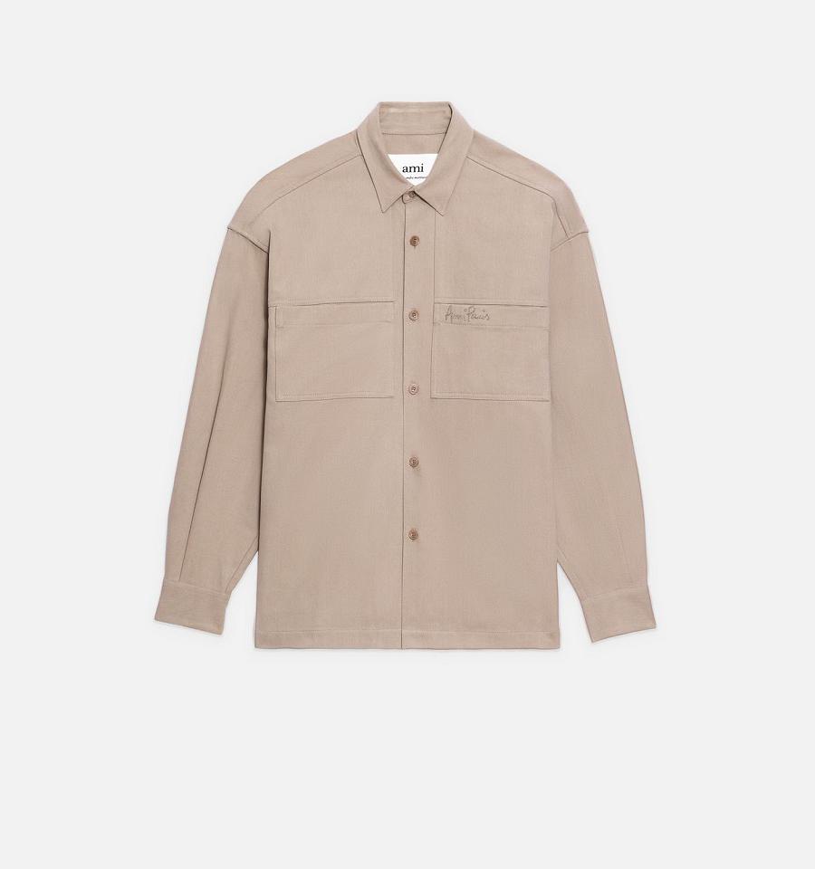 Ami Paris Embroidery Overshirt Shirts Khaki | ami_US612