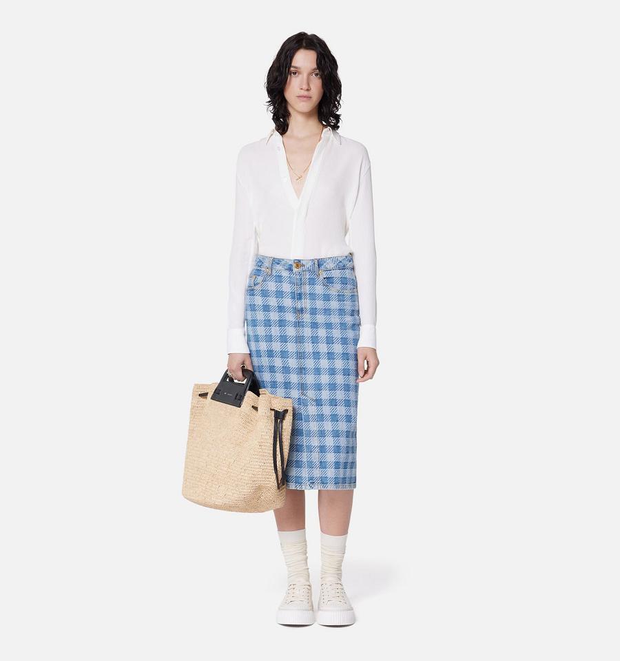 Ami Paris Gingham Pattern Jacquard Pencil Skirts Blue | ami_US343