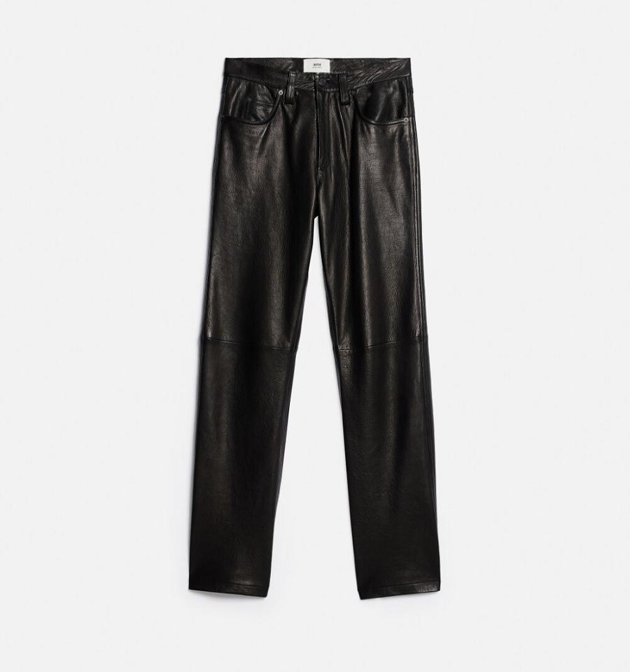 Ami Paris Leather Straight Fit Pants Black | ami_US381