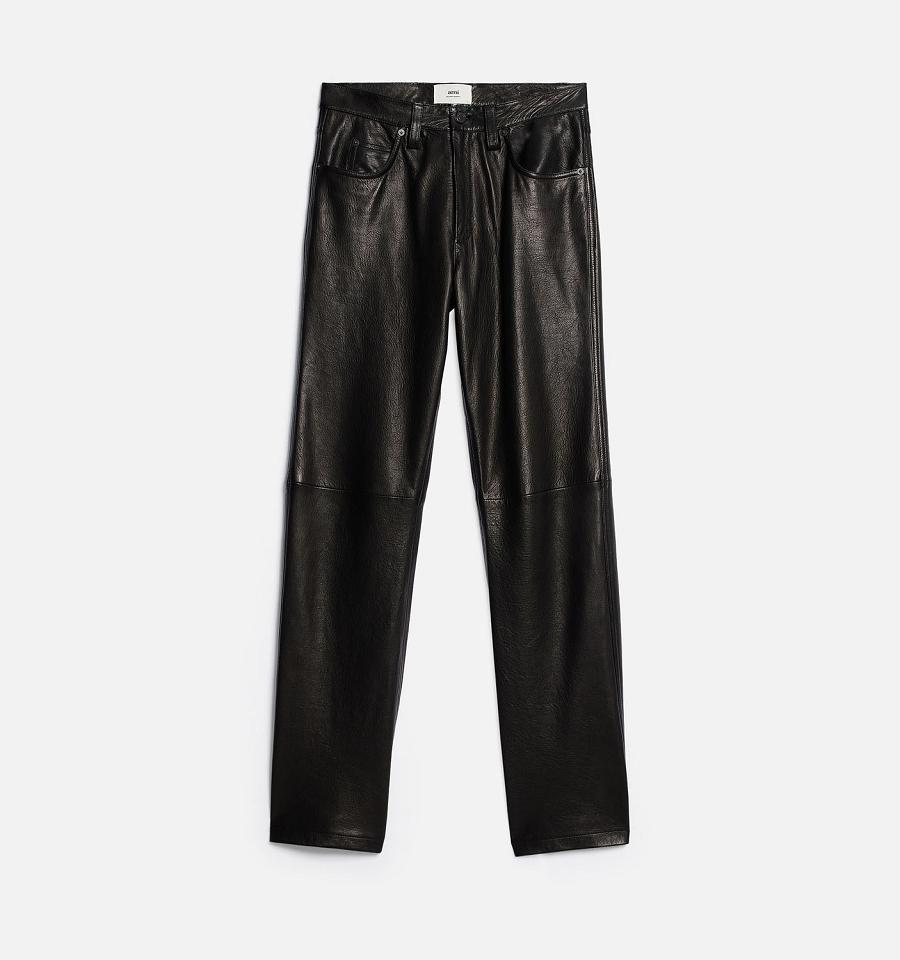 Ami Paris Leather Straight Fit Pants Black | ami_US381