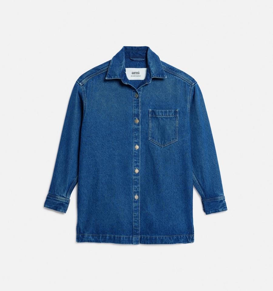 Ami Paris Overshirt With Print Denim Blue | ami_US237