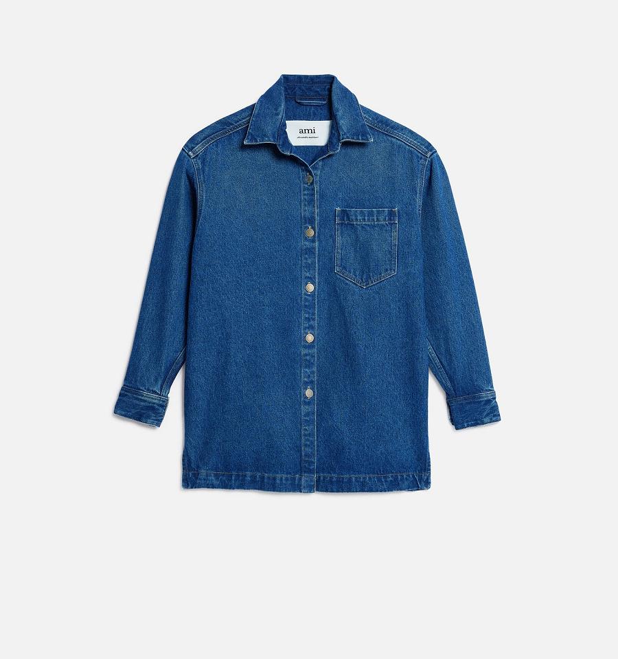 Ami Paris Overshirt With Print Shirts Navy | ami_US345