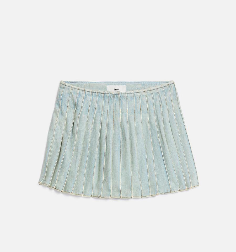 Ami Paris Pleated Skirts Light Blue | ami_US493