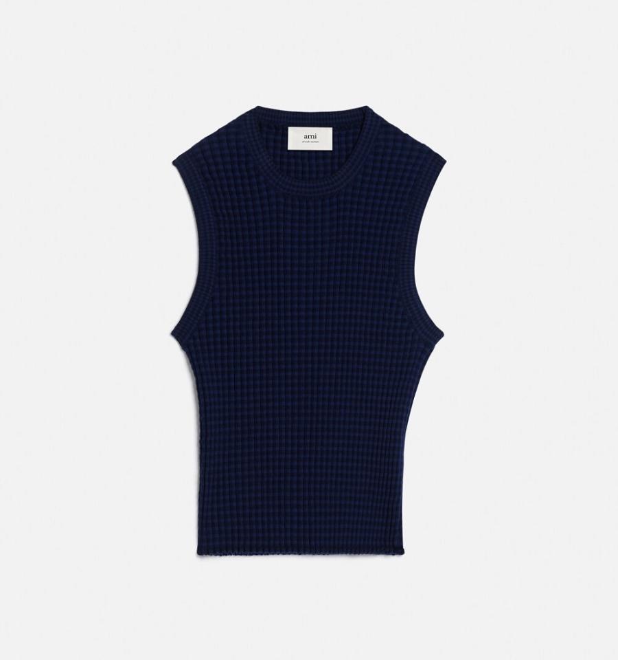 Ami Paris Pleated Sleeveless Sweaters Navy | ami_US401