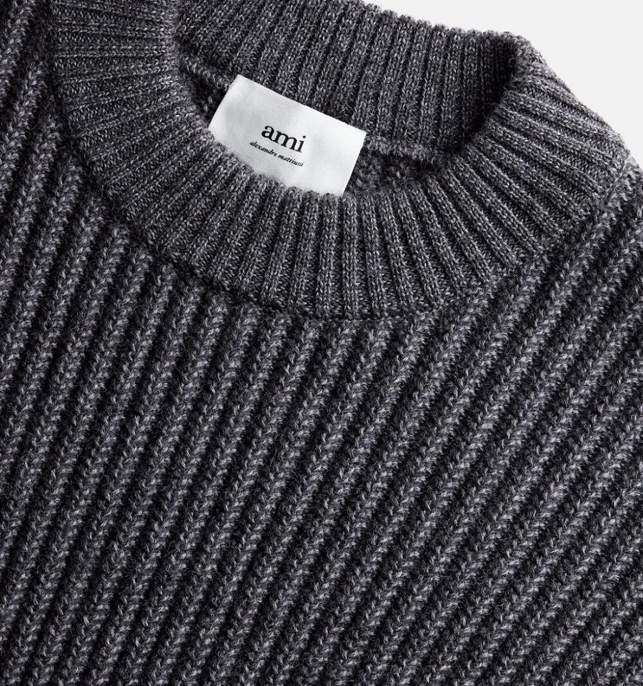 Ami Paris Round Collar Ribbed Sweaters Grey | ami_US167