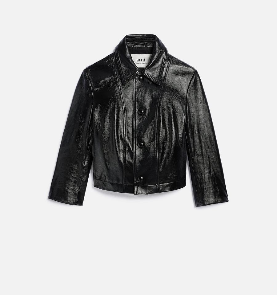 Ami Paris Short Leather Buttoned Jackets Black | ami_US469