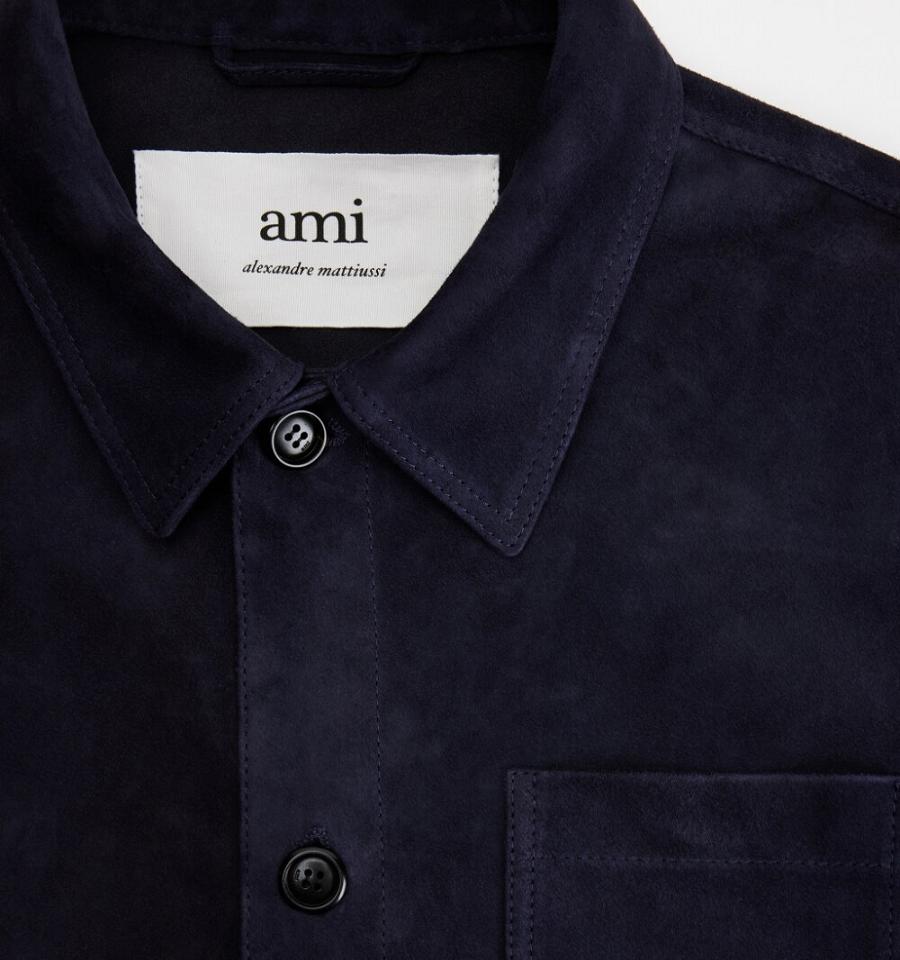 Ami Paris Suede Leather Buttoned Jackets Navy | ami_US418