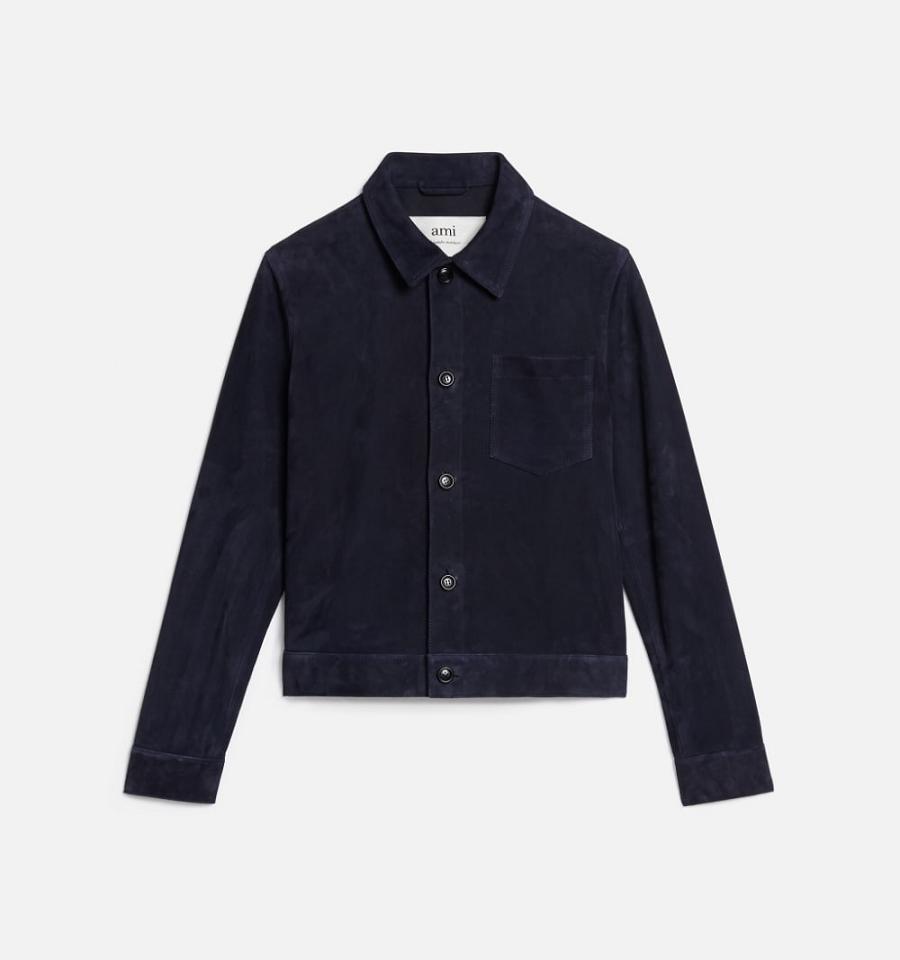 Ami Paris Suede Leather Buttoned Jackets Navy | ami_US418