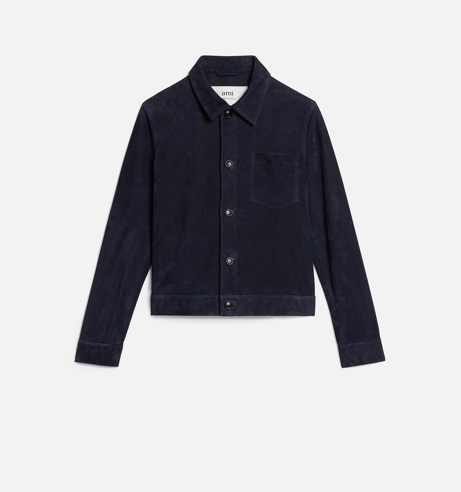 Ami Paris Suede Leather Buttoned Jackets Navy | ami_US418