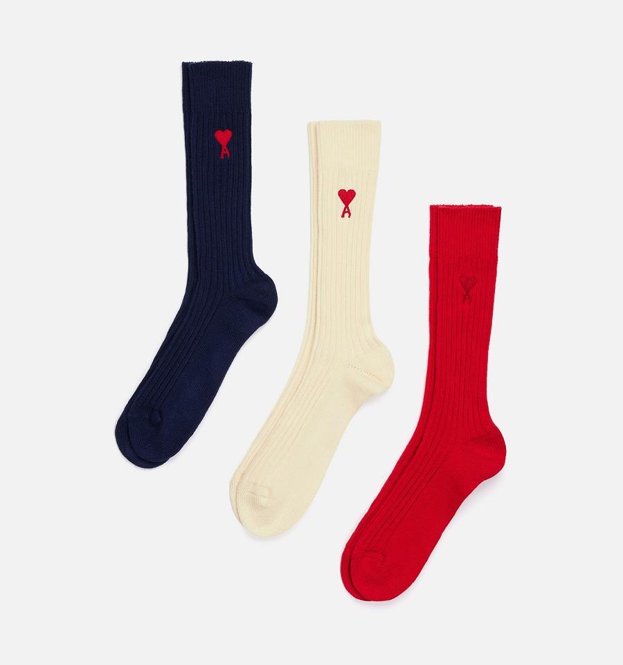 Ami Paris Three Pack Ami de Coeur Socks Navy / Beige / Red | ami_US110