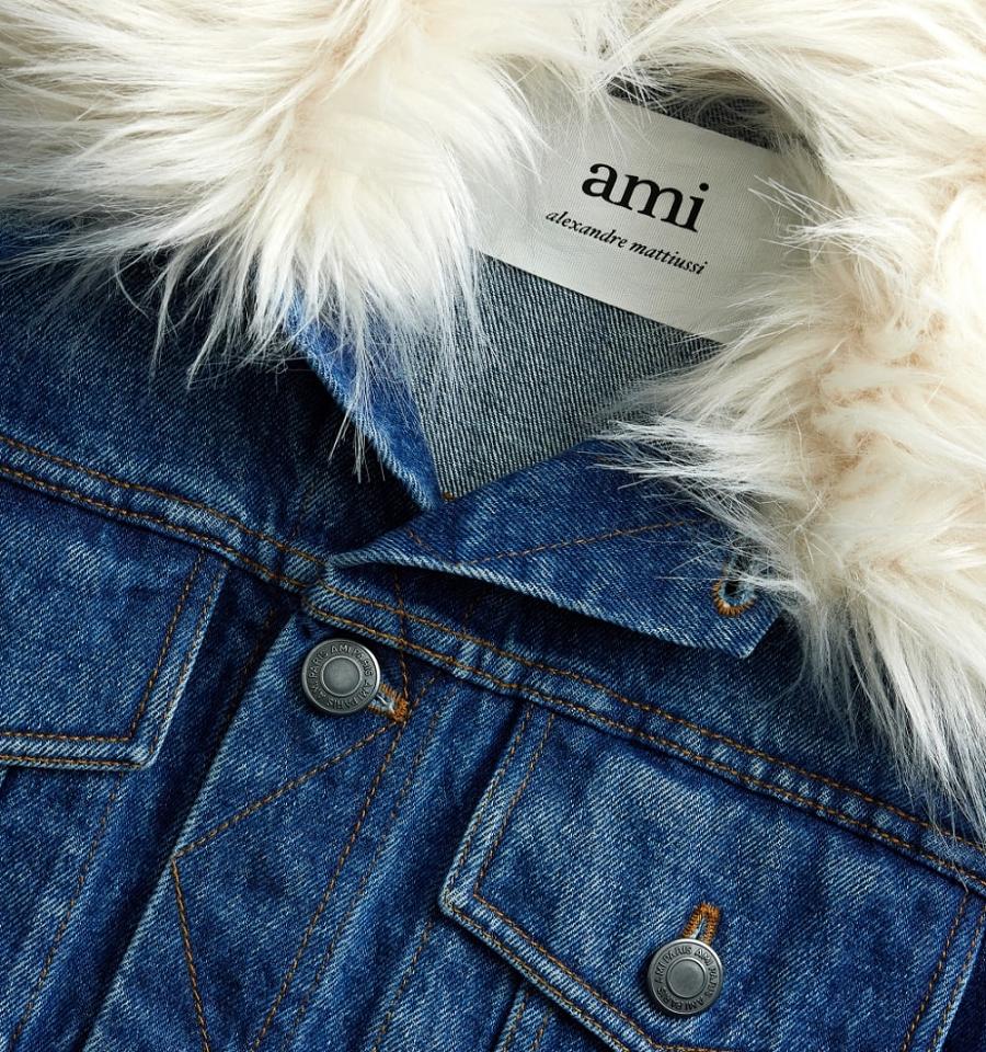 Ami Paris With Synthetic Fur Collar Denim Blue | ami_US618