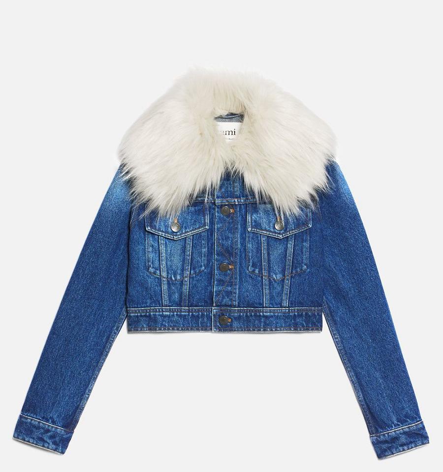 Ami Paris With Synthetic Fur Collar Denim Blue | ami_US618