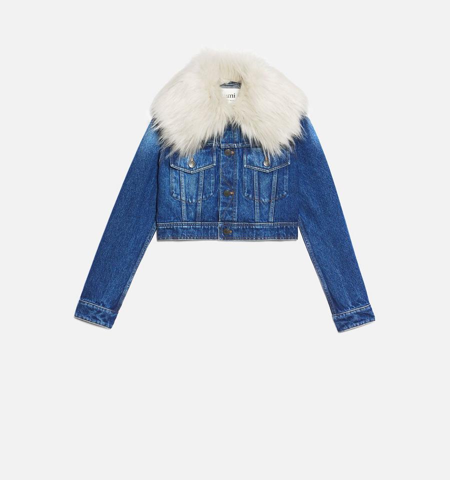 Ami Paris With Synthetic Fur Collar Jackets Blue | ami_US195