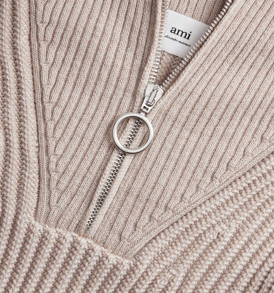 Ami Paris Zipped Collar Ribbed Jumper Sweaters Beige | ami_US136