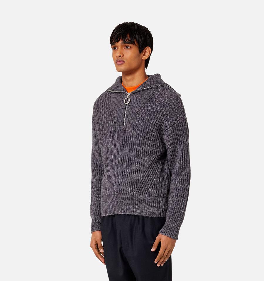 Ami Paris Zipped Collar Ribbed Jumper Sweaters Grey | ami_US326