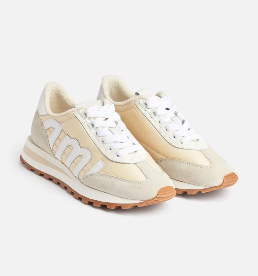 Ami Paris logo-patch panelled Sneakers Beige | ami_US235